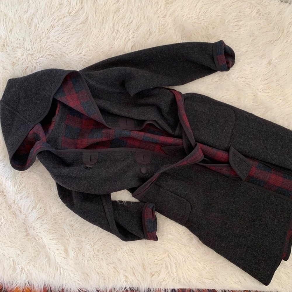 Woolrich Wool Reversible Gray Plaid Hooded Jacket